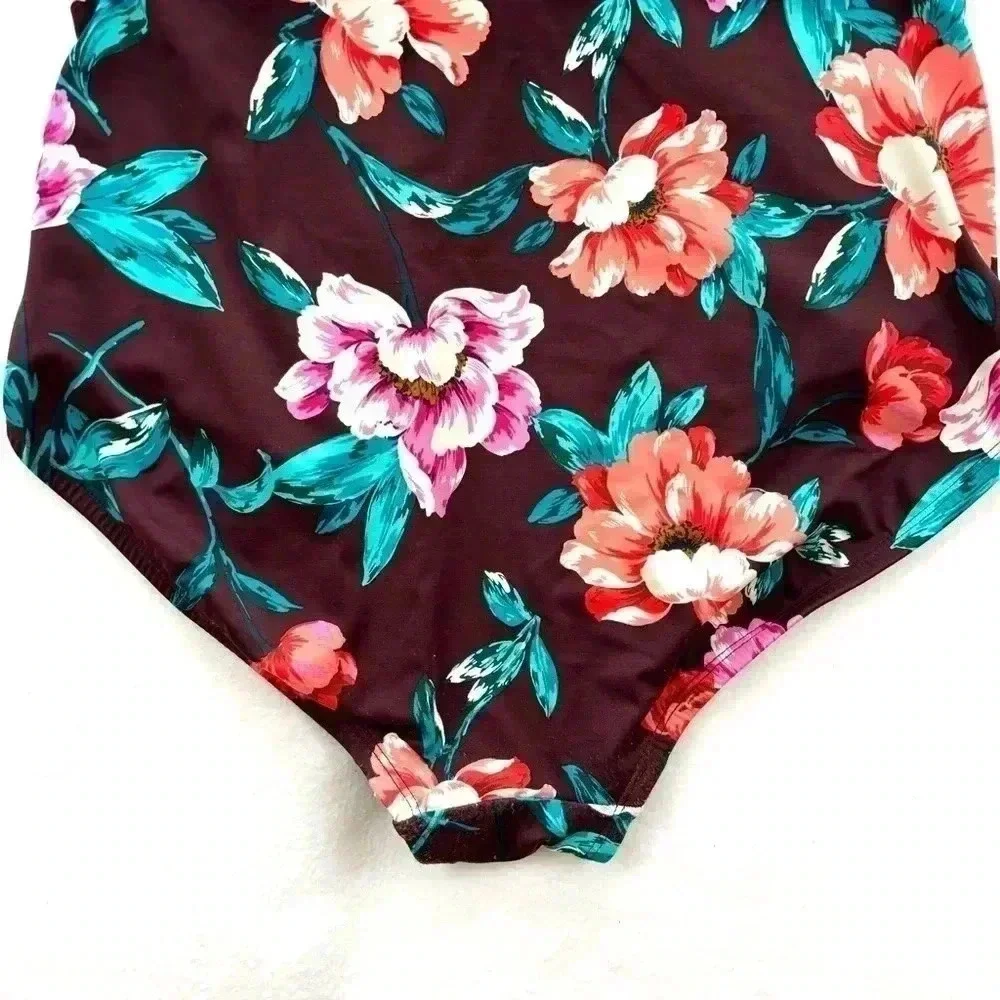Embrace Your Curves Maroon Floral V-Neck Plunge Spaghetti Strap One Piece Size M